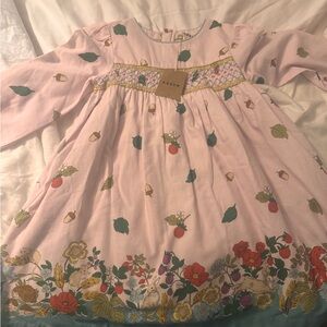 Boden Pink Floral Border Smocked Long-Sleeve Dress